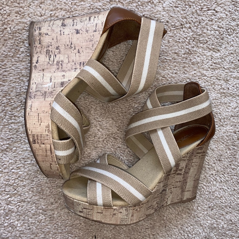 Merona strappy tan and white wedges